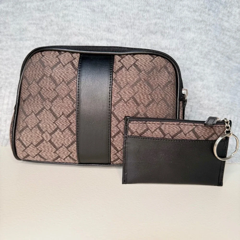 NEW Longaberger Signature Medium Cosmetic Bag and Coin Purse Set Brown Black - Picture 2 of 8